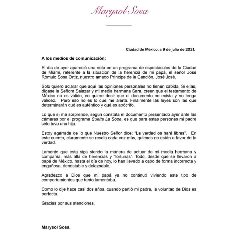 La cantante se dijo sorprendida por los documentos presentados en el programa de televisión y lamentó "que para estas personas mi padre solo tuvo una hija".
<br>