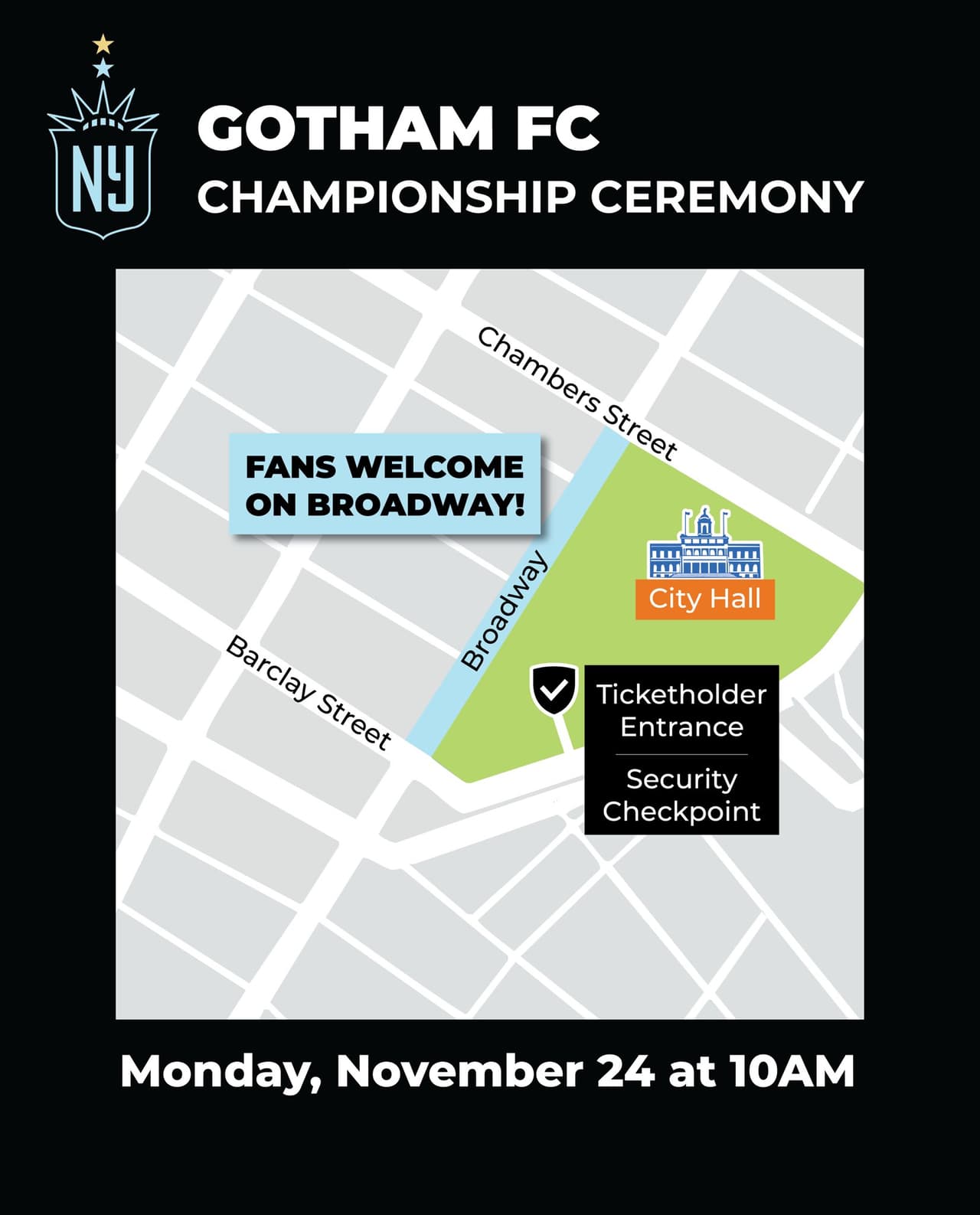 La ceremonia de reconocimiento al Gotham FC se realizará frente al Ayuntamiento.