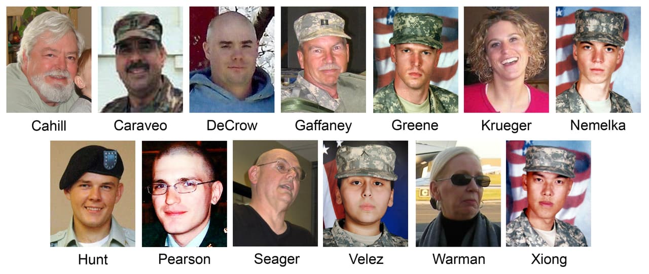 Esta imagen combinada de archivos muestra fotos de las víctimas asesinadas durante el tiroteo masivo de 2009 en Fort Hood, Texas. De arriba a la izquierda, Michael Grant Cahill, 62, de Cameron, Texas; Mayor Libardo Eduardo Caraveo, 52, de Woodbridge, Va.; Sargento de Estado Mayor Justin M. DeCrow, 32, de Evans, Ga.; Capitán John Gaffaney, 56, de San Diego, Calif.; Especialista Frederick Greene, 29, de Mountain City, Tenn.; Especialista Jason Dean Hunt, 22, de Frederick, Okla., Sargento Amy Krueger, 29, de Kiel, Wis.; Soldado de primera clase Aaron Thomas Nemelka, 19, de West Jordan, Utah; Soldado de primera clase Michael Pearson, 22, de Bolingbrook, Ill.; Capitán Russell Seager, 51, de Racine, Wis.; Soldado Francheska Velez, 21, de Chicago; La teniente coronel Juanita Warman, de 55 años y residente de Havre de Grace, Maryland, y el soldado de primera clase Kham Xiong, de 23 años y residente de St. Paul, Minnesota, fueron arrestados. El juicio contra Nidal Hasan, acusado del tiroteo que dejó 13 muertos y más de 30 heridos, comenzó el martes 6 de agosto de 2013.