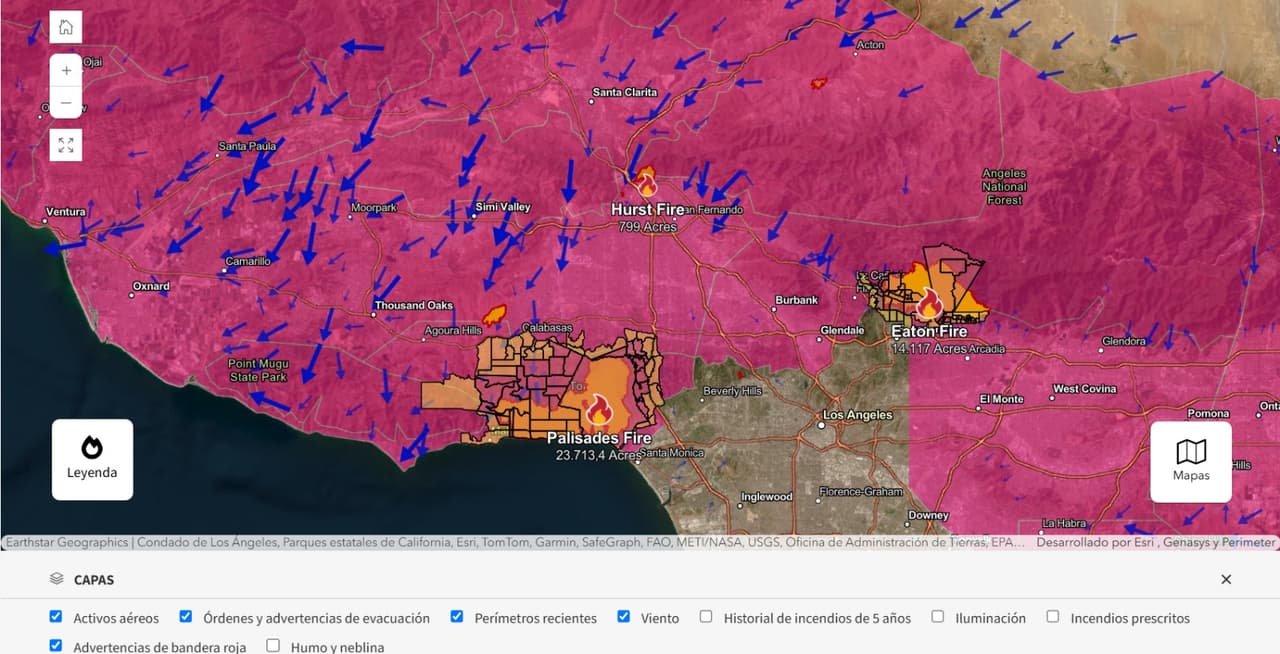 Mapa de los incendios activos en Los Ángeles el 13 de enero.