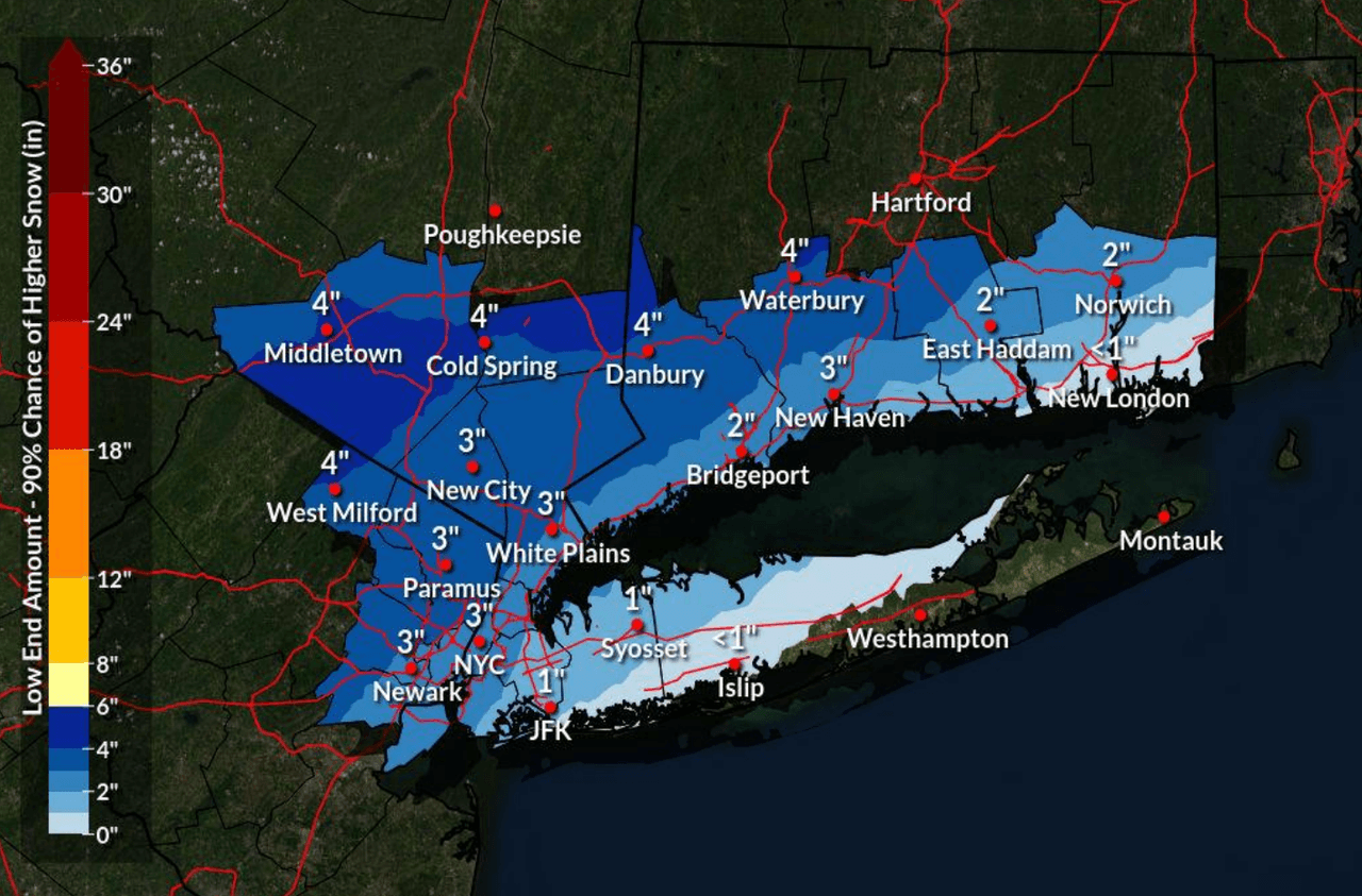 <h3 class="cms-H3-H3">4. ¿Cuánto es lo mínimo que podría caer de nieve? </h3>
<br>
<br>Este mapa muestra los acumulados mínimos que se esperan en la región. El NWS indicó que este mapa tiene una probabilidad del 90%.
<br>
