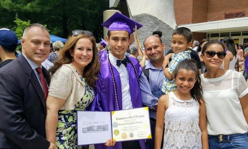 Alexander Bello-Ortiz with his mother, Lourdes Ortiz, stepfather and other family members at Norwich University in Vermont.
<br>