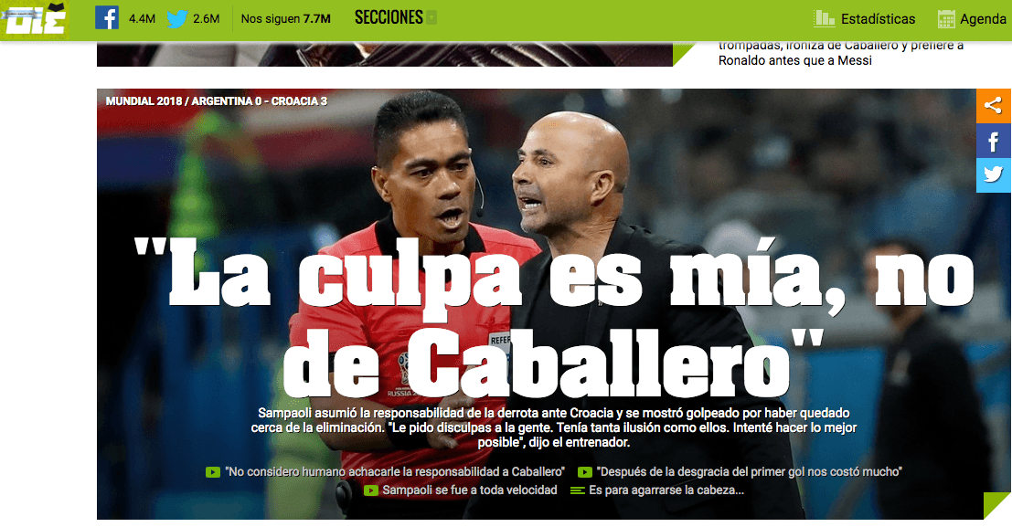 Olé: "La culpa es mía, no de Caballero"