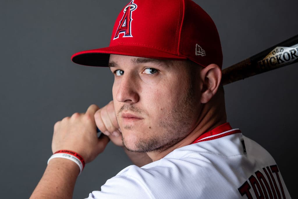 TEMPE, ARIZONA - FEBRUARY 18: Mike Trout #27 of the Los Angeles Angels poses for a photo during Photo Day at Tempe Diablo Stadium on February 18, 2020 in Tempe, Arizona. (Photo by Jennifer Stewart/Getty Images)