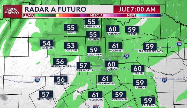 <h3 class="cms-H3-H3">Jueves temprano: 7 am ⏰ </h3>⛈️ Las lluvias y tormentas avanzan hacia el norte y este de Dallas - Fort Worth
<b>durante la madrugada y primeras horas del jueves. </b>
<br>👉🏻 El riesgo principal
<b>sigue siendo el viento fuerte y posible granizo. </b>
