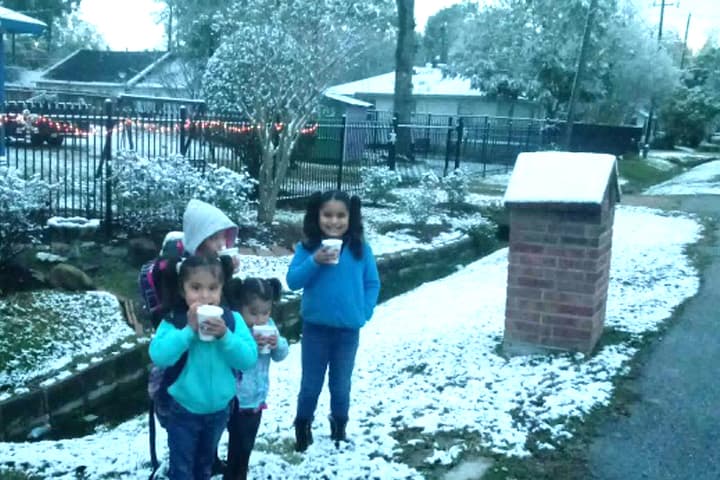 Muchos aprovecharon el raro evento para tomarse fotos, jugar con la nieve y construir el tradicional muñeco navideño.