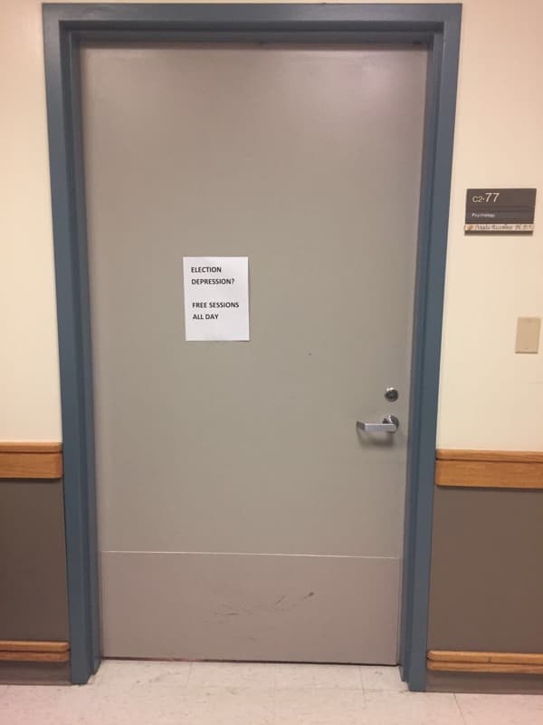 "¿Depresión electoral? Sesiones gratis todo el día", dice un letrero en Mount Sinai, Nueva York.
