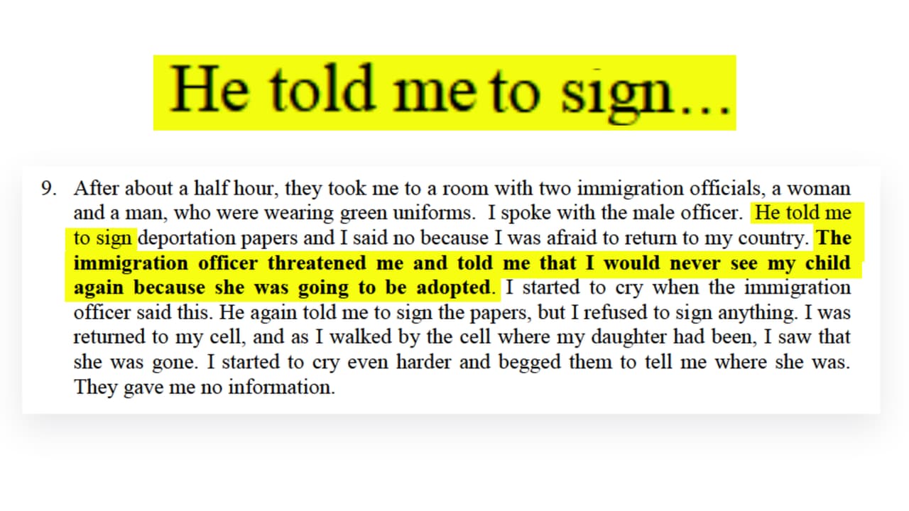 Testimonio de una mujer hondureña, D.P. "El me dijo que firme .... El oficial de inmigración me amenazó y me dijo que nunca volvería a ver a mi hijo porque iba a ser deportada."