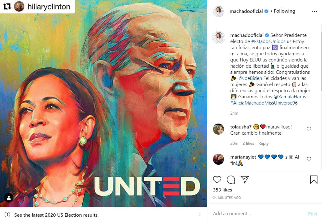 <b>Alicia Machado</b> compartió su felicidad, pues siempre estuvo en contra de que Donald Trump fuera presidente: "Señor presidente electo de Estados Unidos, estoy tan feliz, siento paz finalmente en mi alma, sé que todos ayudamos a que hoy EEUU continúe siendo la nación de libertad e igualdad que siempre hemos sido. Felicidades Joe Biden. Felicidades vivan las mujeres. Ganó el respeto a las diferencias, ganó el respeto a la mujer. Ganamos todos Kamala Harris".