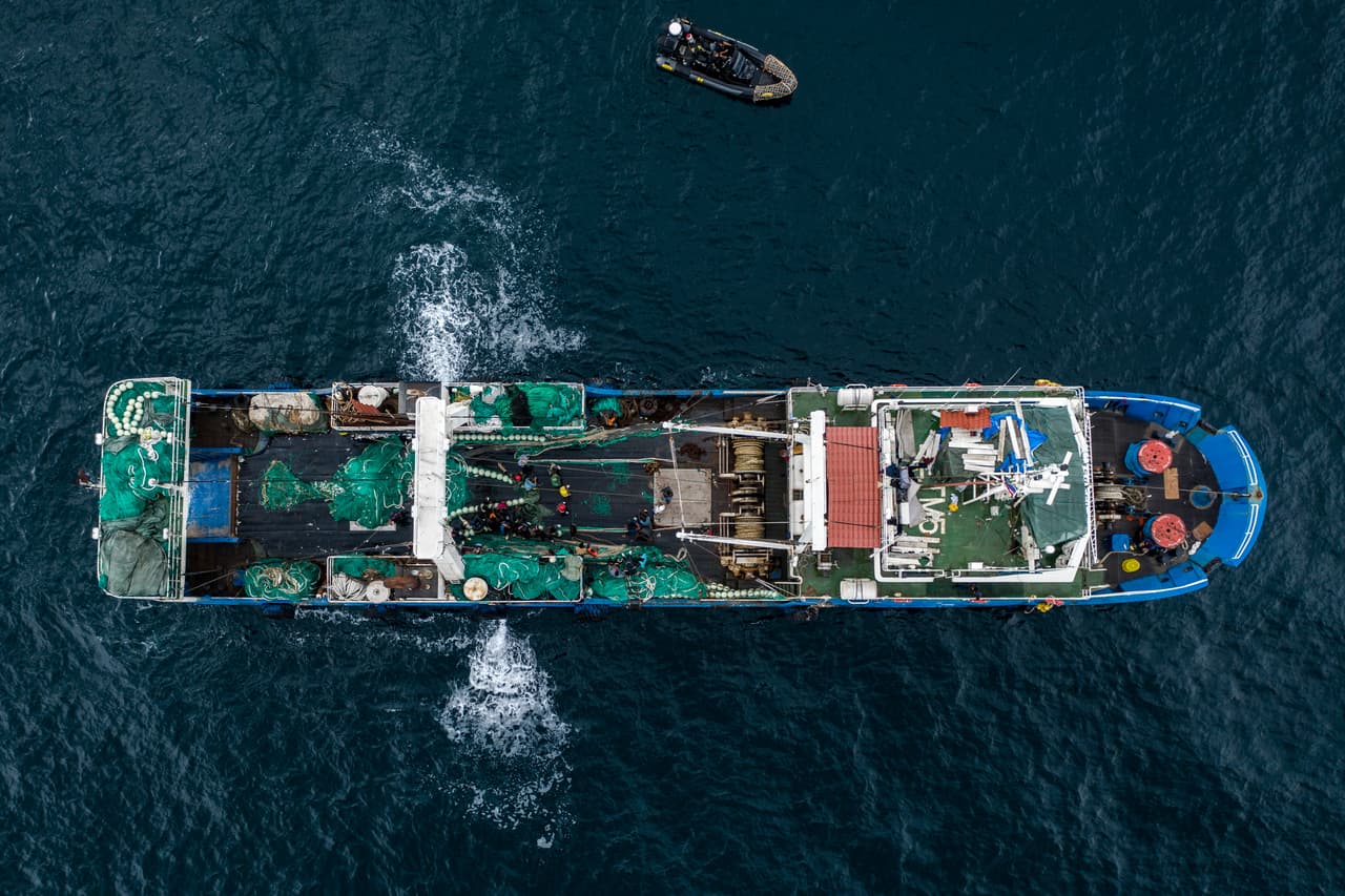 An aerial shot of the Chinese fishing ship in Gambian waters.