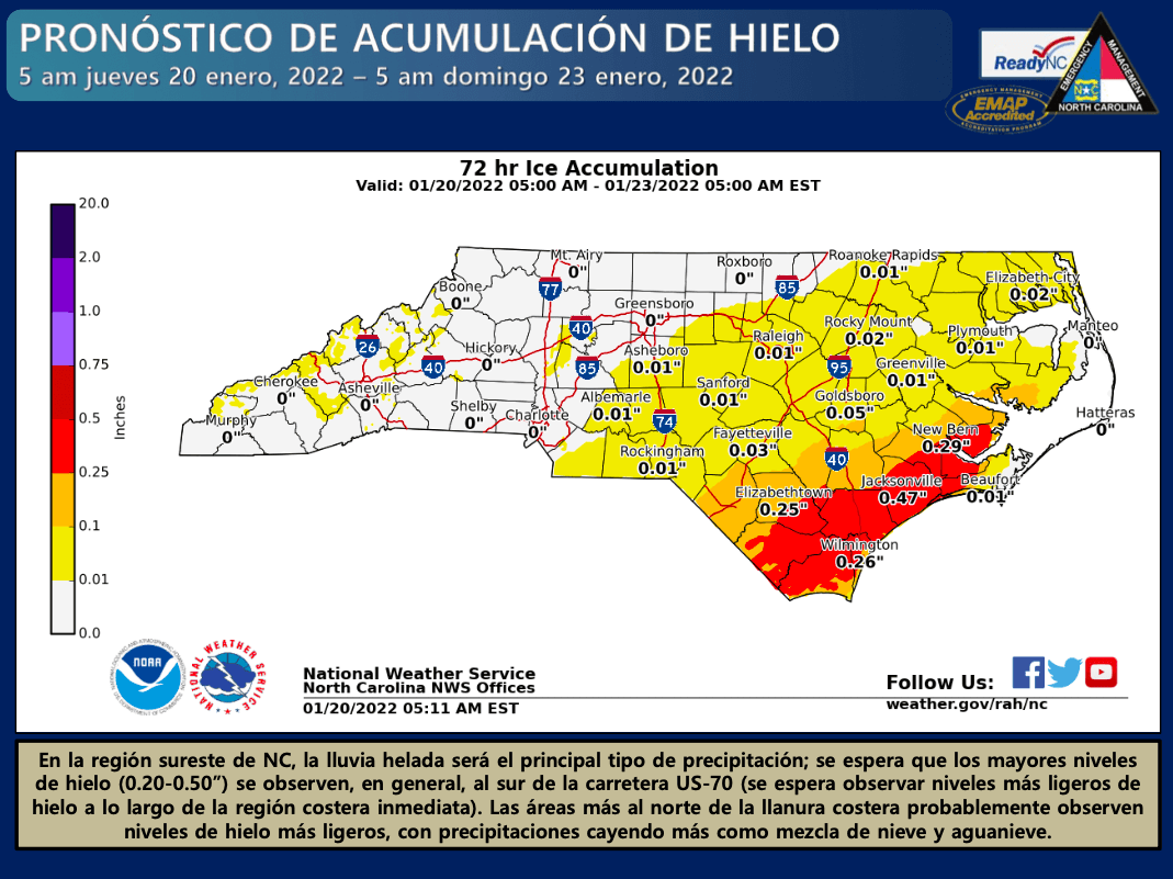 Quedarse en casa es el llamado de las autoridades ante la presencia del peligroso hielo negro. Raleigh, Sanford y Fayetteville esperan acumulados de hielo entre 0.01 y 0.03 pulgadas.