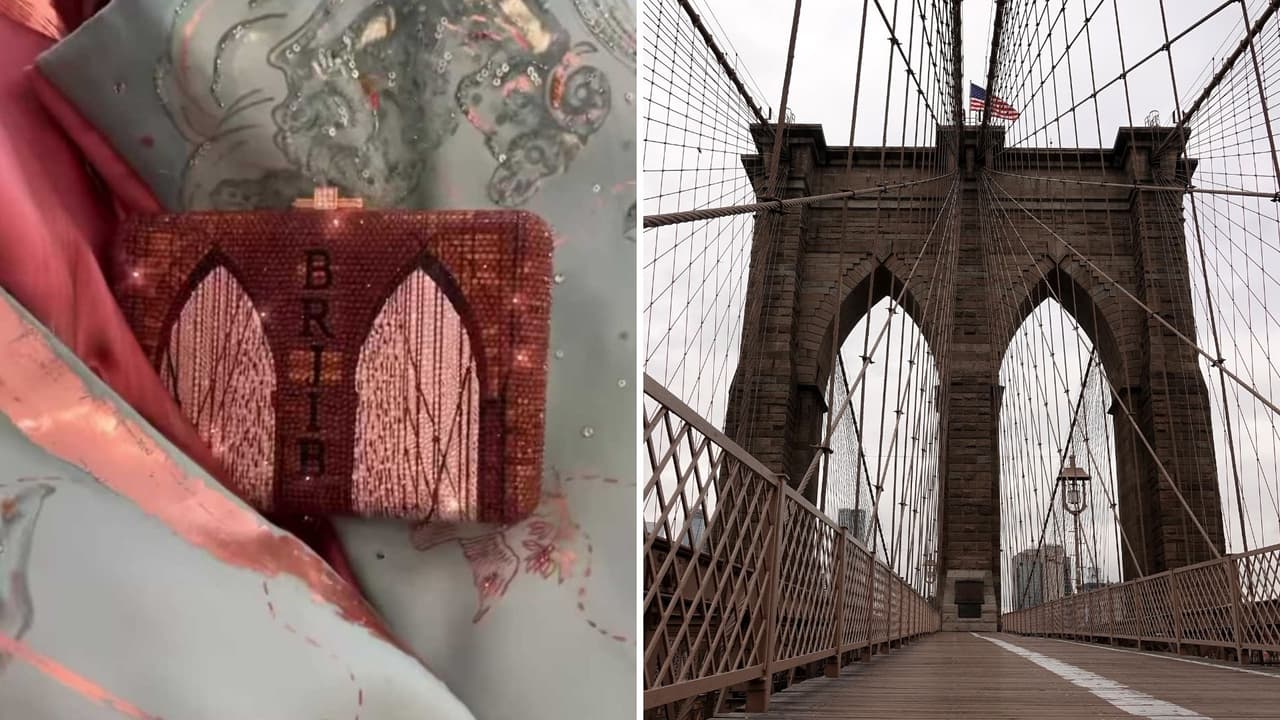 El centro del Puente de Brooklyn decoró un lado del clutch de cristales de Blake.