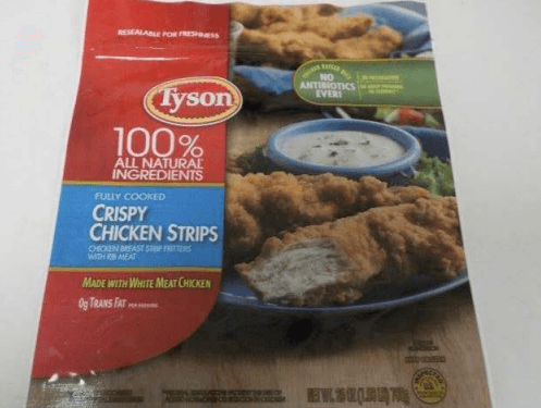 Los detalles de los paquetes de tiras de pollo congelado marca Tyson que podrían estar contaminadas con metales.