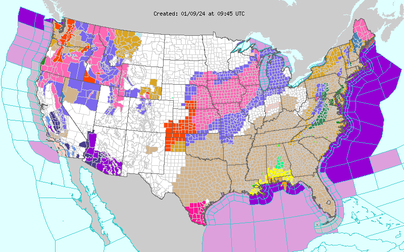 Mapa del NWS con los condados bajo algún tipo de alerta por mal tiempo.