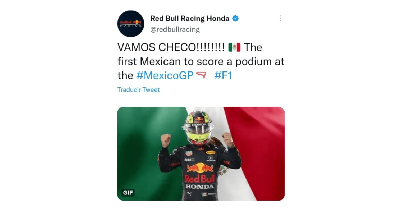 Las redes sociales se inundan de felicitaciones por el tercer lugar obtenido por el piloto mexicano Sergio Pérez, durante el Gran Premio de México de la Formula 1.