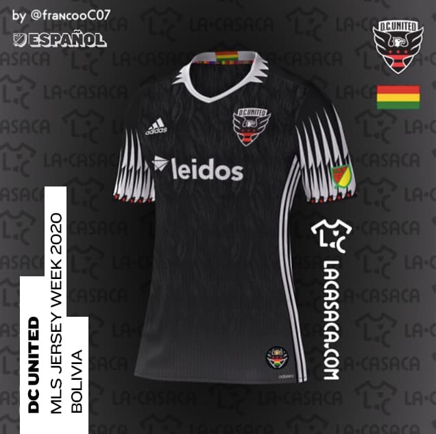 <b>D.C. United = Selección de Bolivia</b>
<br>D.C. United fue el primer gran equipo de MLS. Y los primeros años del club de la capital de Estados Unidos estuvieron marcados por la genialidad futbolística de Marco 'el Diablo' Etcheverry. La Casaca combinó en este diseño al águila calva que es parte del escudo de DCU con el cóndor andino, un ave típica del Altiplano de Bolivia, país natal de Etcheverry.