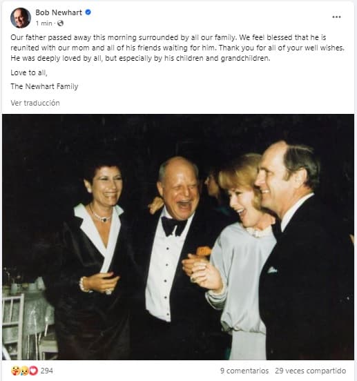 Familia de Bob Newhart rompe el silencio tras su muerte.