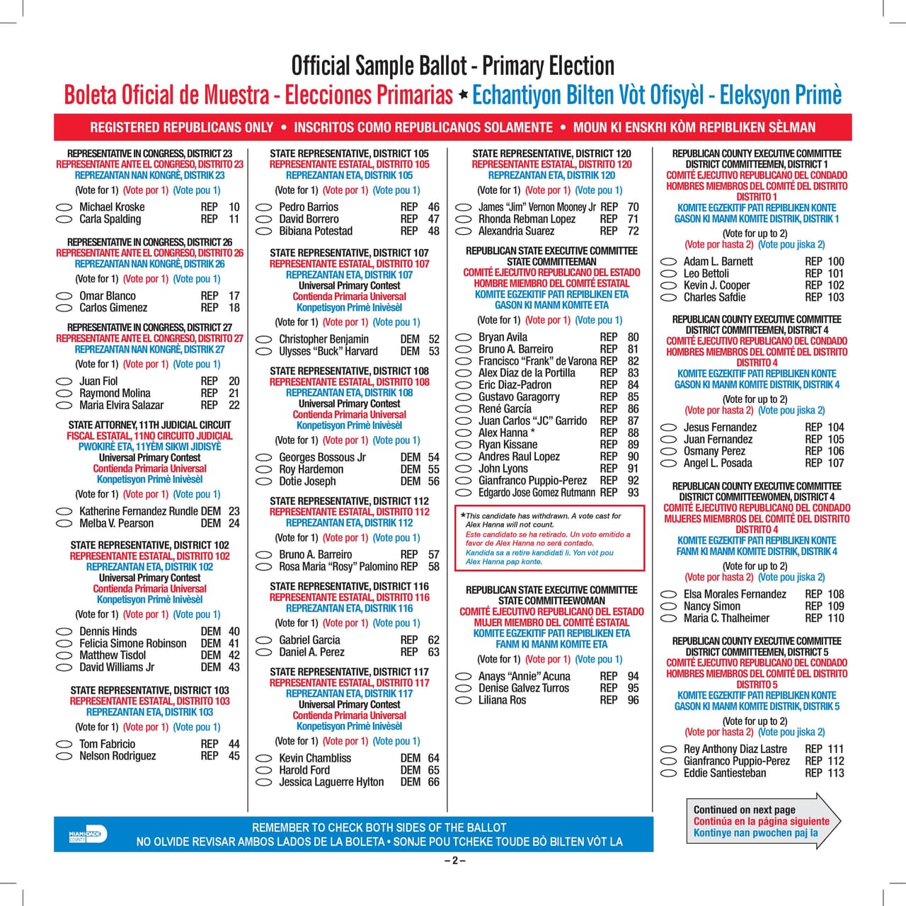 Ejemplar oficial de la boleta primarista de Miami-Dade, a celebrarse el 18 de agosto.