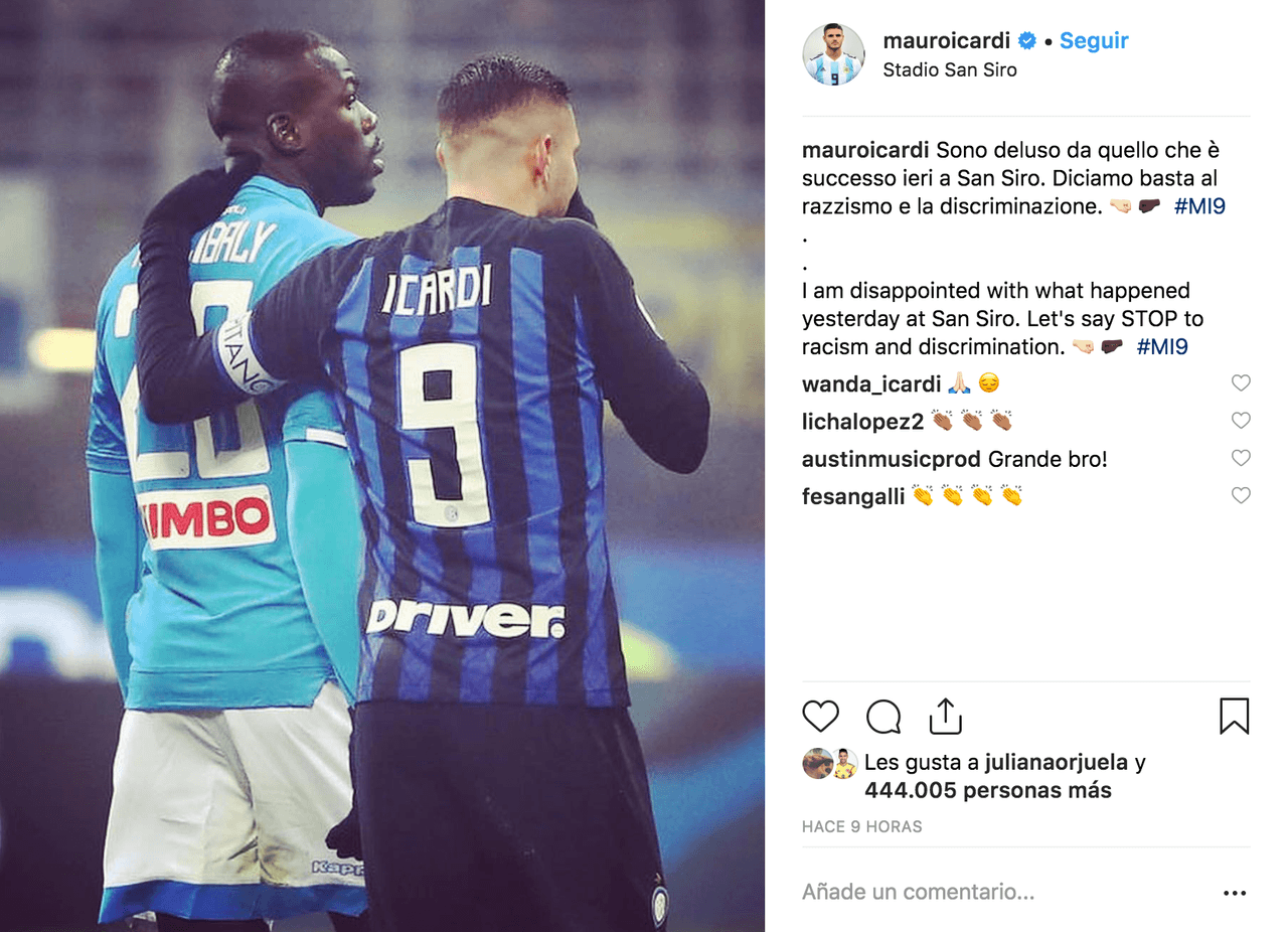 "Estoy decepcionado con lo que pasó ayer en San Siro. Digamos ALTO al racismo y la discriminación": Mauro Icardi.