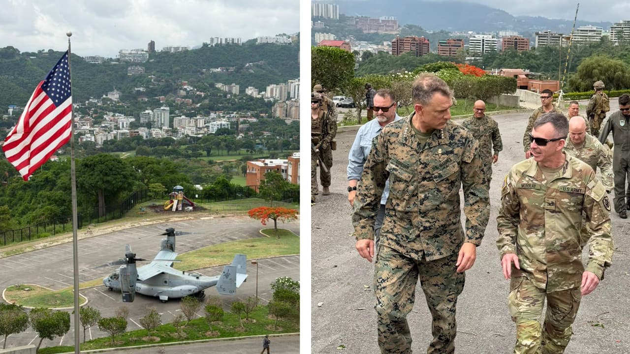 Una aeronave Osprey MV-22B aterriza en la embajada de EEUU en Caracas, trasladando al general Francis Donovan, jefe del Comando Sur, a la capital venezolana, el 23 de mayo de 2026.