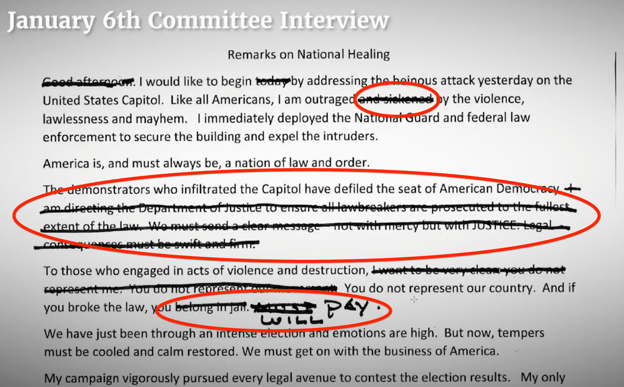 Una foto revela las frases que Trump se negó a decir tras la violencia en el Capitolio