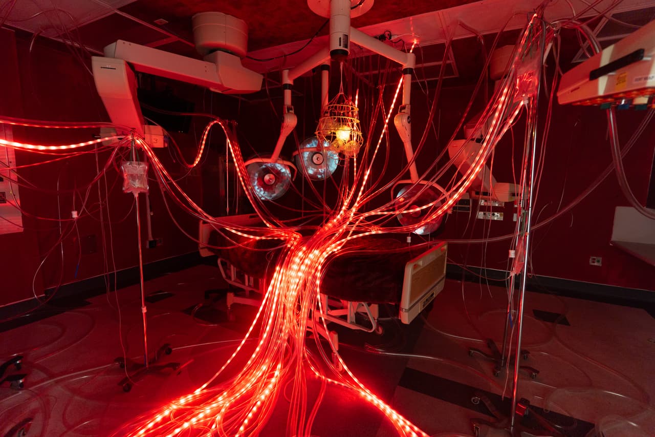 La instalación "Breathworks" de los artistas Anna Matsumoto y Bhumikorn Kongtaveelert se exhibe durante la exposición "Hospital de las Emociones" en un antiguo edificio hospitalario de Los Ángeles, el miércoles 22 de julio de 2026. (Foto AP/Jae C. Hong)