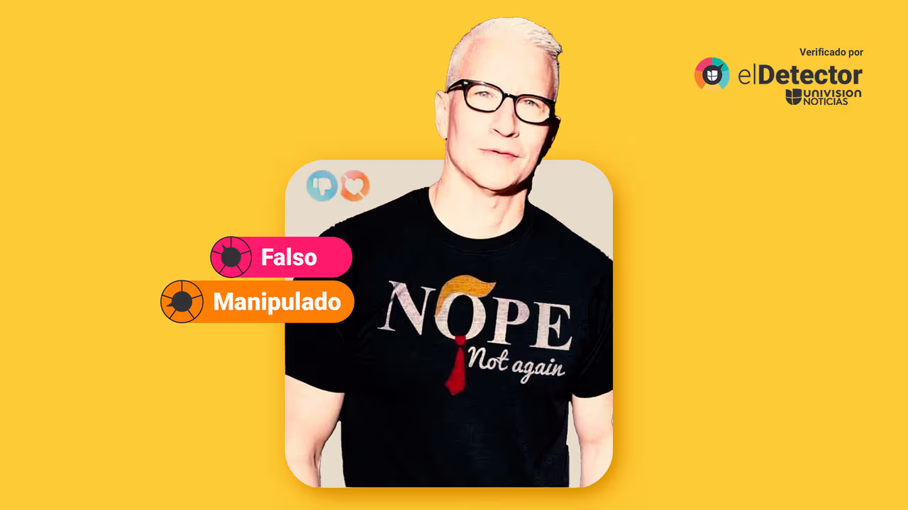 Image accompanying Esta foto muestra al presentador Anderson Cooper con una camiseta que tiene un mensaje contra Donald Trump que dice "Nope, Not Again" (“No, no de nuevo”).
