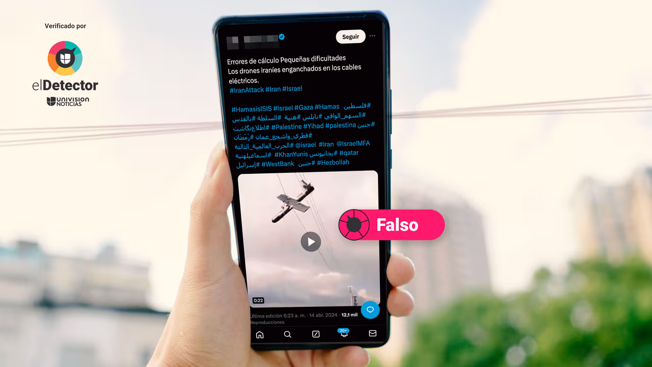 Image accompanying EL video muestra uno de los drones iraníes atrapado en cables de postes eléctricos.