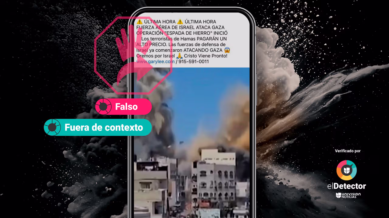 Image accompanying Este video de una explosión entre edificaciones blancas y grises muestra el inicio de la operación “Espadas de Hierro” por parte de Israel.