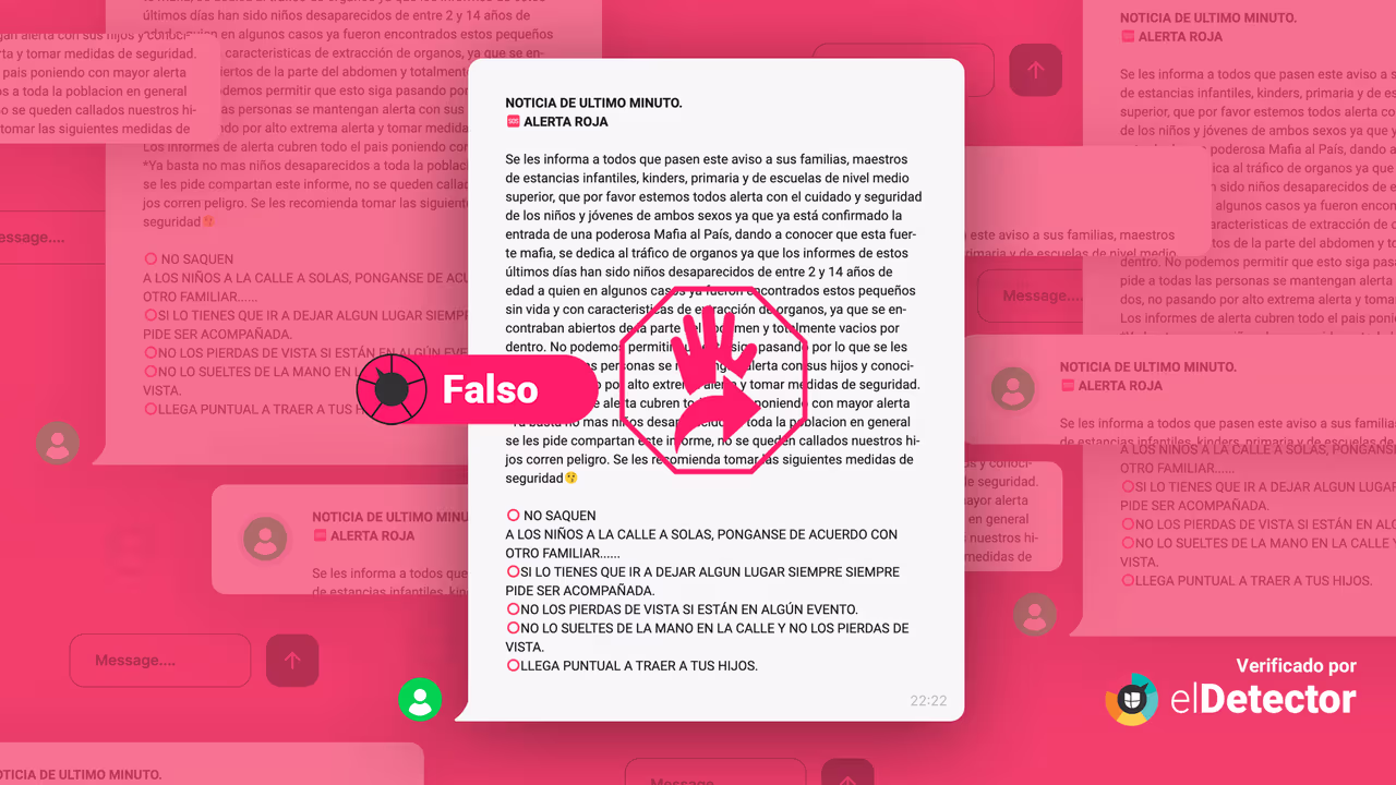 Image accompanying “Noticia de Último Minuto. Alerta Roja”. Se ha “confirmado la entrada de una poderosa mafia al país” que se dedica al “tráfico de órganos"