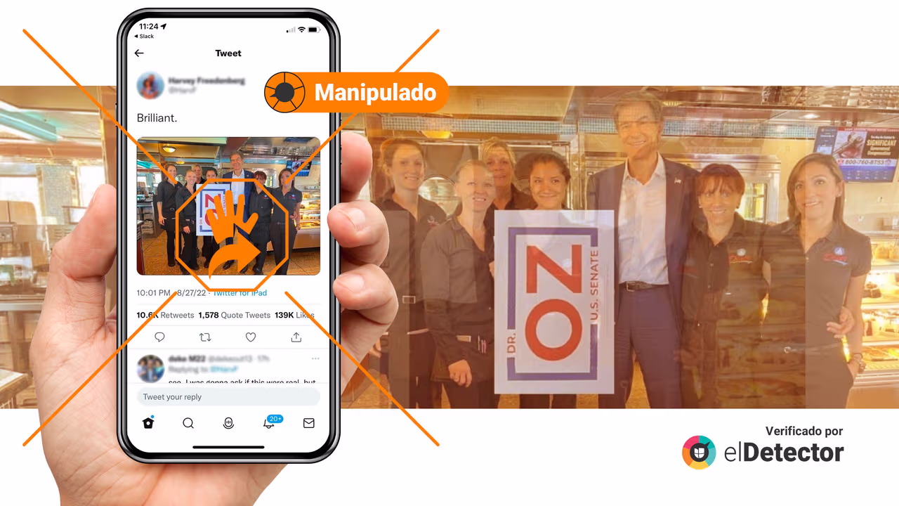 Image accompanying Simpatizantes del Dr. Oz, candidato al Senado por Pennsylvania, aparecen en una foto junto a él con un cartel que dice "NO”
