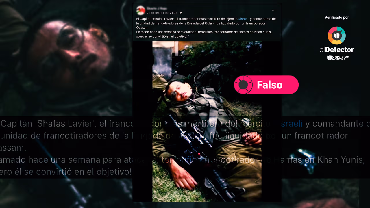 Image accompanying Esta foto muestra a un soldado israelí muerto por los disparos de un francotirador de Hamas.