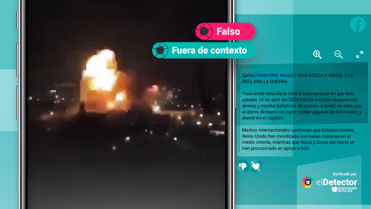 Image accompanying Esta foto de una explosión en una zona con edificaciones está relacionada con el ataque aéreo de Irán a Israel.