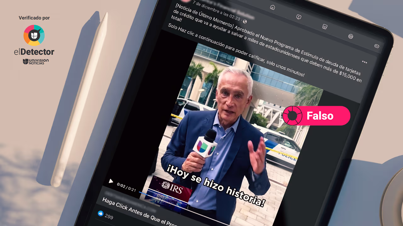 Image accompanying Este video que tiene el logo del IRS muestra al periodista de Univision Jorge Ramos presentando un programa de alivio de deudas de tarjetas de crédito para los 