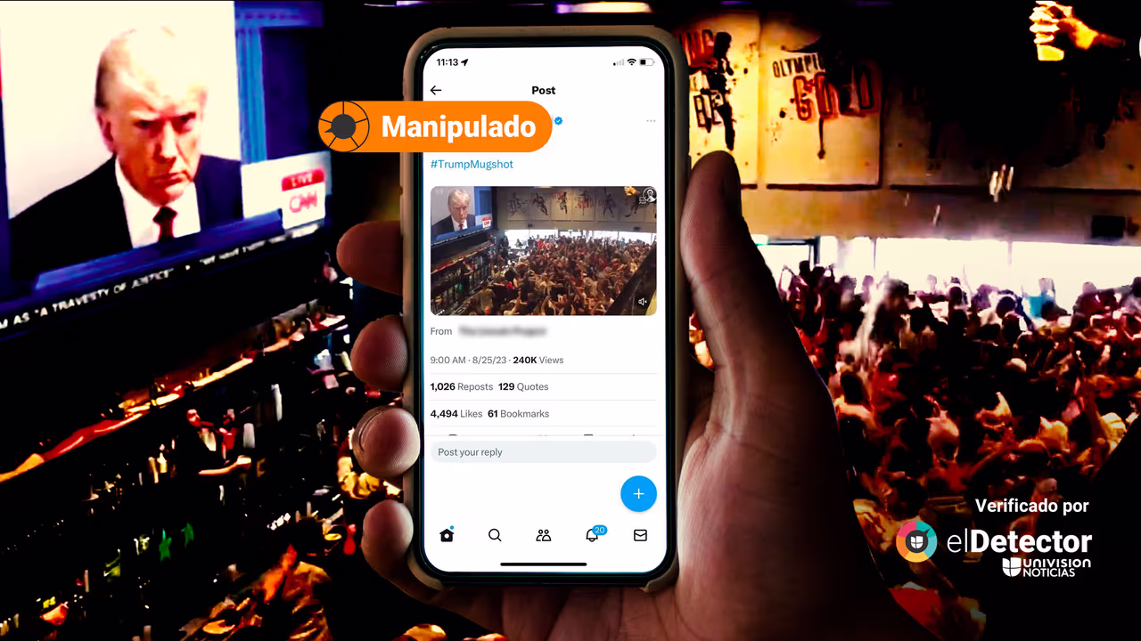 Image accompanying Este video muestra a una multitud que está celebrando en un bar al ver la foto policial de Donald Trump, tras ser fichado en Georgia.