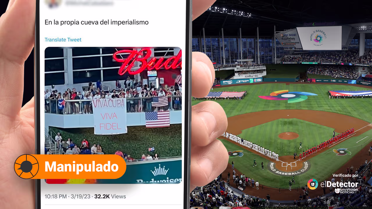 Image accompanying Foto muestra pancarta que dice "Viva Cuba, Viva Fidel" desplegada en el estadio de los Marlins durante el partido entre Cuba y Estados Unidos, en la semifinal d