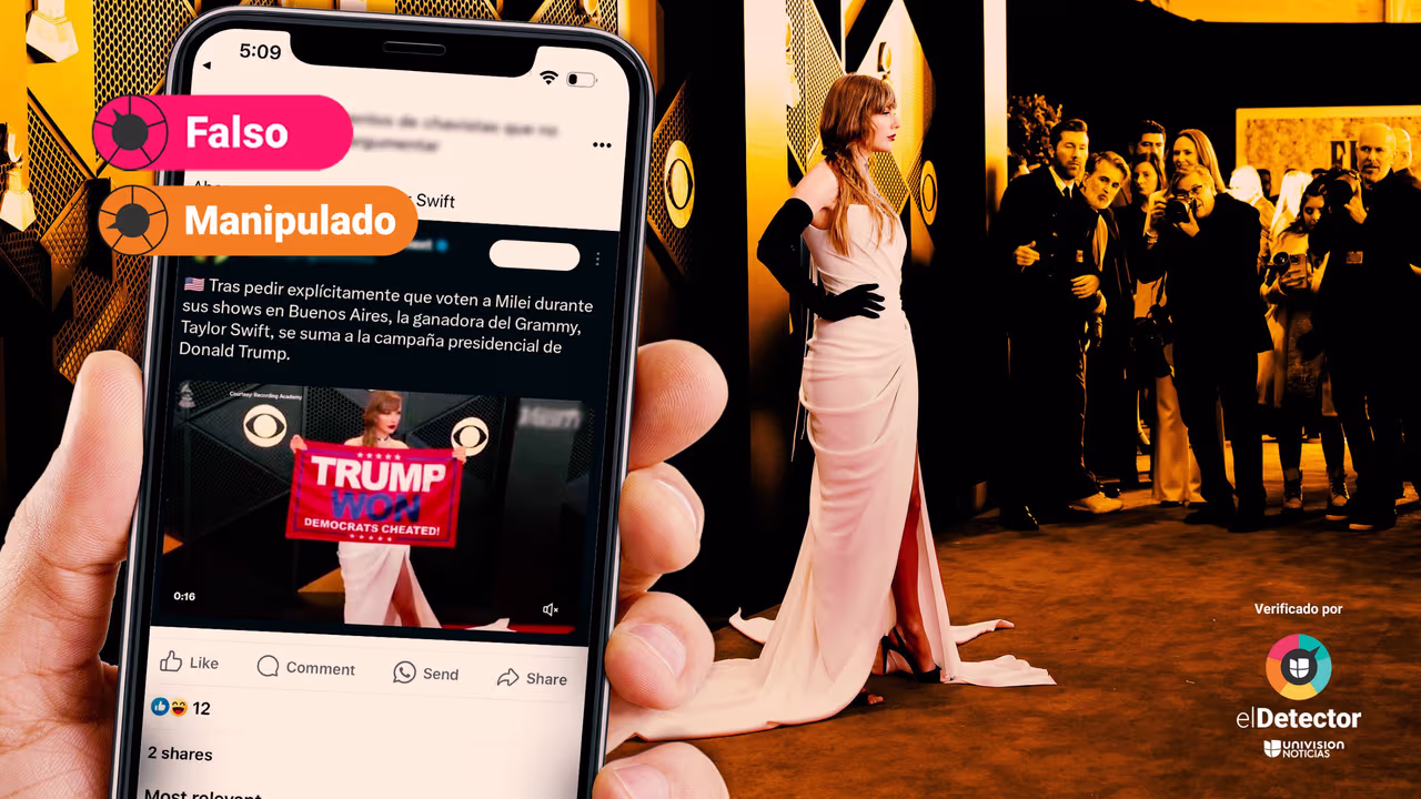 Image accompanying Taylor Swift mostró esta pancarta a favor de Donald Trump en los Grammy.