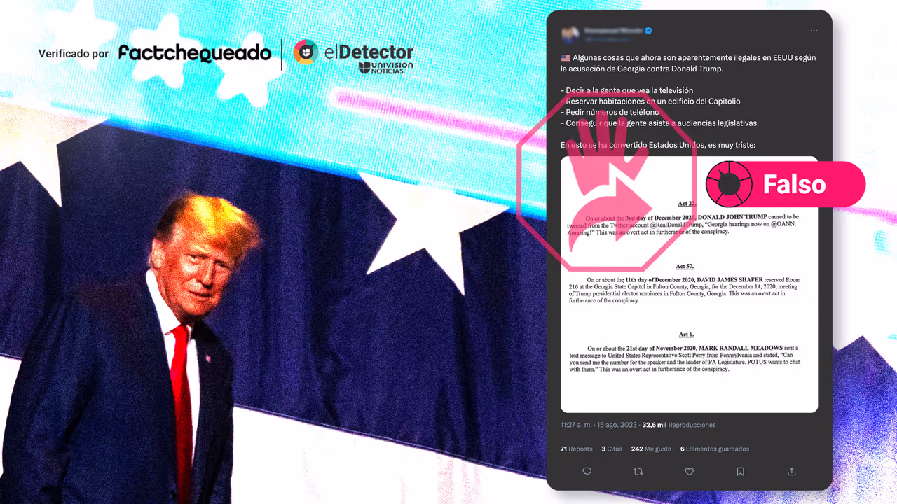 Image accompanying A Donald Trump lo están imputando en Georgia por pedirle a la gente que vea televisión, tuitear o reservar una sala de conferencias.